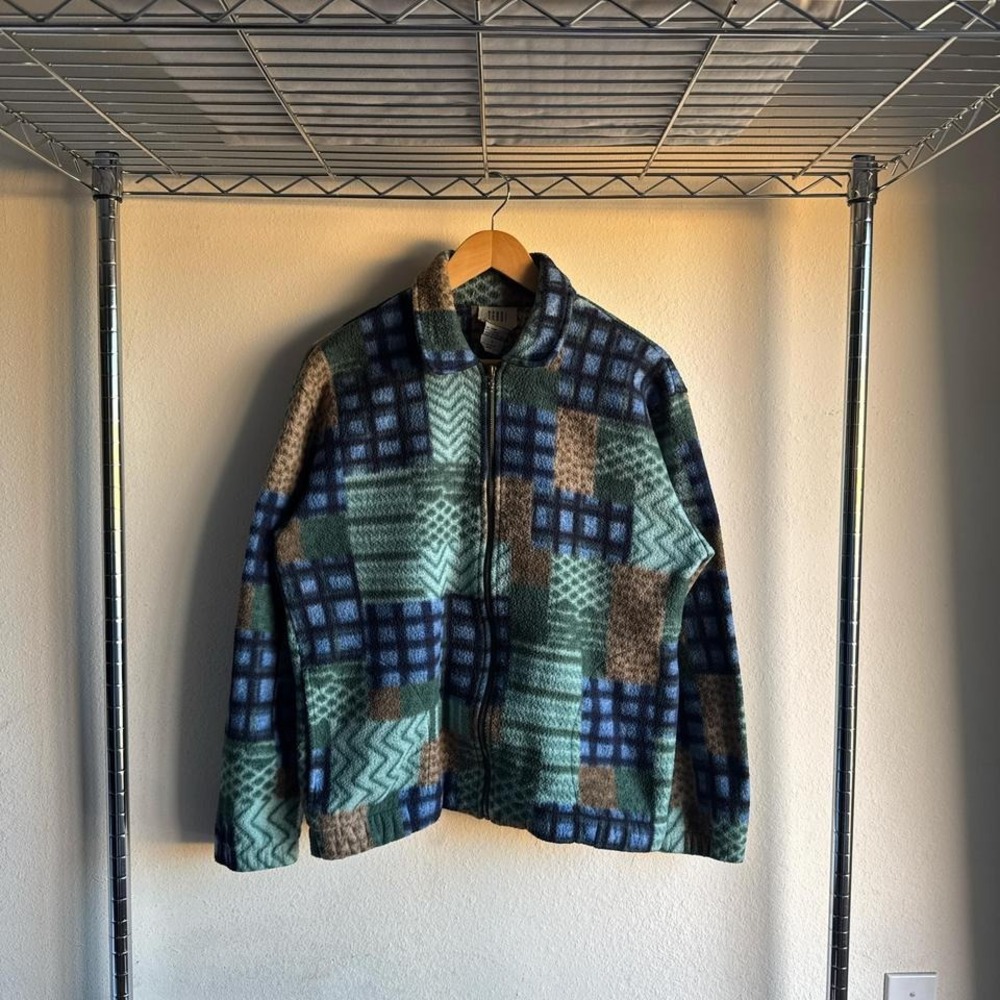 Vintage Y2K Preppy Blue Plaid Fleece Full Zip Work Style Sherpa Collared Jacket